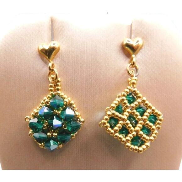 Artisan Pierced Green Earrings AB Like Coated Beads Dangle Style Gold Tone - Picture 4 of 7